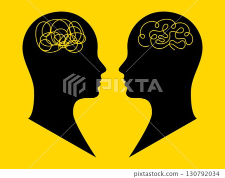Mental health. Untangle and brain. Two human profiles facing each other with abstract brain lines symbolizing confusion and clarity, concept of communication, empathy, psychology, and mental health. 130792034