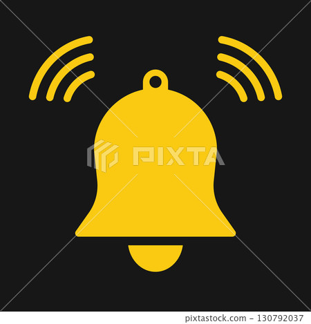 Yellow ringing bell icon on black background, notification symbol for alert, reminder, alarm, warning, caution, emergency, attention, hazard, announcement, signal communication concept illustration Yellow ringing bell icon on black background, notification symbol for alert, reminder, alarm, warning, caution, emergency, attention, hazard, announcement, signal communication concept illustration 130792037