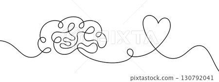 One line drawing of brain and heart connected by a continuous line. Minimalist linear illustration symbolizing balance between mind and emotions, psychology, mental health, love and feelings concept One line drawing of brain and heart connected by a continuous line. Minimalist linear illustration symbolizing balance between mind and emotions, psychology, mental health, love and feelings concept 130792041