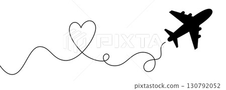 Continuous line drawing of airplane with heart symbol representing love travel romance and freedom. Minimalist one line art concept for aviation journey vacation holiday adventure connection, dreams 130792052