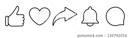 Social media outline icons set including like thumb up, heart, share arrow, notification bell and chat bubble. Editable stroke. Minimalistic black stroke symbols for digital app interface, web design Social media outline icons set including like thumb up, heart, share arrow, notification bell and chat bubble. Editable stroke. Minimalistic black stroke symbols for digital app interface, web design 130792058
