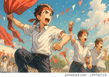 Boys cheering on their team at the sports festival Boys cheering on their team at the sports festival 130792118