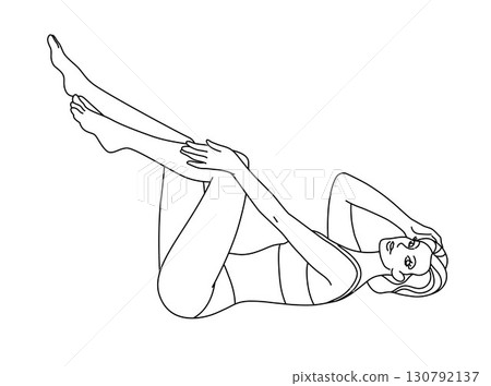 Beautiful female lying on the floor showing beautiful legs . Laser and wax epilation. Hair removal. Linear logo minimalist style. Beauty body care concept. Vector design illustration. 130792137
