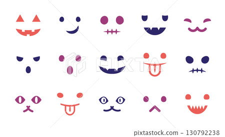 Various Halloween faces: Simple illustration set of decorations for autumn events, pumpkin lanterns, ghosts, and facial expressions 130792238