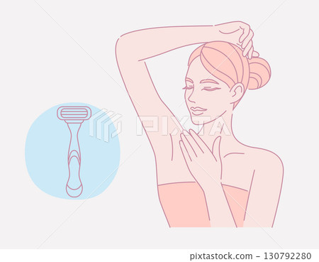Female smooth armpit. Hair removal. Laser and wax epilation. Linear logo minimalist style. Beauty body care concept. Vector design illustration. Female smooth armpit. Hair removal. Laser and wax epilation. Linear logo minimalist style. Beauty body care concept. Vector design illustration. 130792280