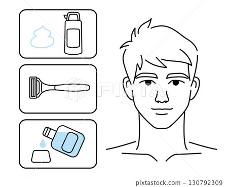 Men's beard hair removal minimalist style. Linear logo, Beauty body care with razor. Vector design illustration. 130792309