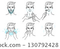 Set of men character shaving beard and taking care of facial skin. Foam and lotion. Shave with a razor. Beauty body care concept. Vector design illustration 130792428