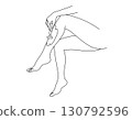 A woman shaving her legs. Hair removal. Beauty body care concept. Linear logo minimalist style. Vector design illustration. 130792596
