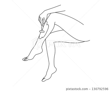 A woman shaving her legs. Hair removal. Beauty body care concept. Linear logo minimalist style. Vector design illustration. A woman shaving her legs. Hair removal. Beauty body care concept. Linear logo minimalist style. Vector design illustration. 130792596
