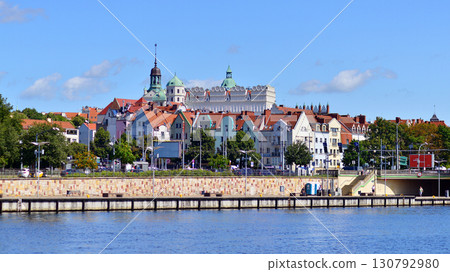 Szczecin, Poland. 16 July 2025. Historical capital of Western Pomerania, lies on the bank of the Odra River. Landscape view on city and the Odra River.  130792980