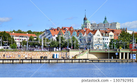 Szczecin, Poland. 16 July 2025. Historical capital of Western Pomerania, lies on the bank of the Odra River. Landscape view on city and the Odra River. Szczecin, Poland. 16 July 2025. Historical capital of Western Pomerania, lies on the bank of the Odra River. Landscape view on city and the Odra River. 130792991