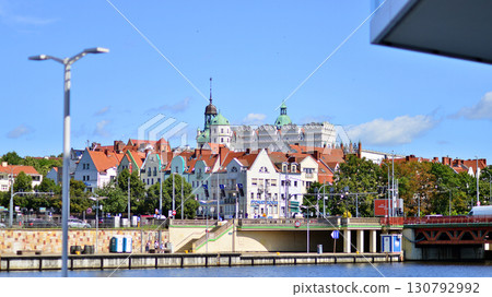 Szczecin, Poland. 16 July 2025. Historical capital of Western Pomerania, lies on the bank of the Odra River. Landscape view on city and the Odra River.  130792992