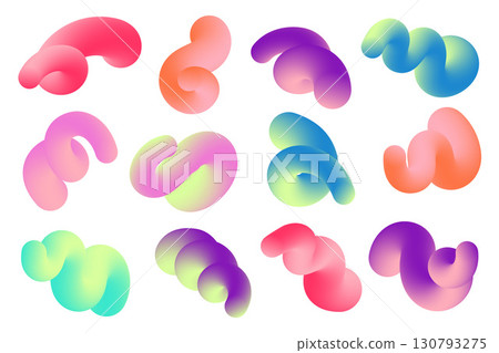 3D abstract gradient shapes. Colored fluid wavy lines. Bright blended holographic pipes on white background. Swirl modern dynamic strokes. Vector trendy vibrant elements 130793275