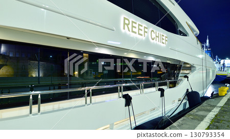 Szczecin, Poland. 16 July 2025. Landscape view and ships and boats on the Odra River. Luxury motor yacht Reef Chief. Szczecin, Poland. 16 July 2025. Landscape view and ships and boats on the Odra River. Luxury motor yacht Reef Chief. 130793354