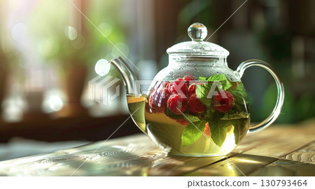 Light herbal tea with raspberries and mint in a glass teapot, with a blurred background of a cafe or home. 130793464