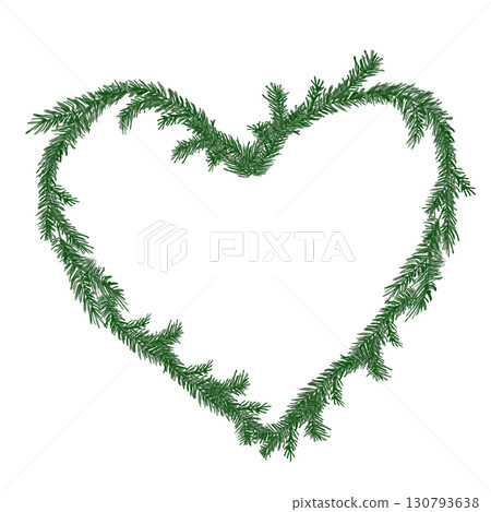 Watercolor heart wreath frame with green pine branches. Sprig of pine hand drawn for wrapping paper, winter holiday decoration, banner, card or invite. Christmas trees modern background 130793638