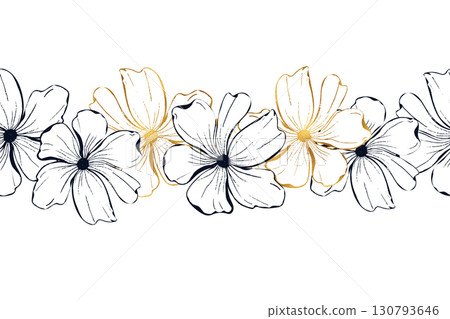 Poppies flower seamless boarder for card or invite. Line art ink hand drawn floral vector background 130793646
