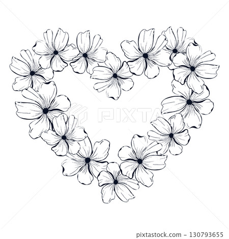 A black ink poppies flower heart wreath with a bud. Line art floral wreath for card or invitations, delicate hand drawn vector frame A black ink poppies flower heart wreath with a bud. Line art floral wreath for card or invitations, delicate hand drawn vector frame 130793655