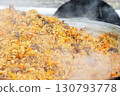 Central Asian plov or pilaf cooking in a large cauldron, steaming and ready to serve 130793778