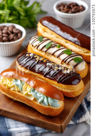 Delicious eclairs with various toppings resting on wooden cutting board Delicious eclairs with various toppings resting on wooden cutting board 130793873