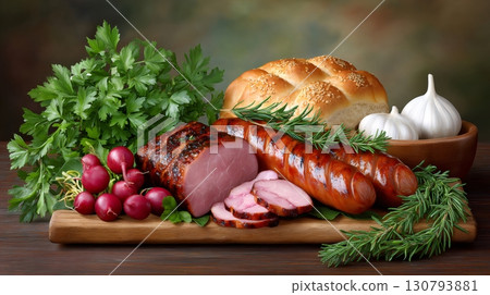 Roasted pork loin and sausages lying on wooden cutting board with fresh herbs and vegetables 130793881