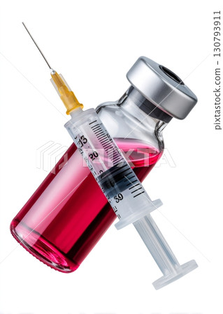 Syringe extracting red medicine from vial 130793911