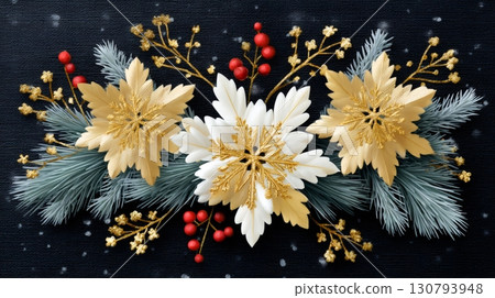 Golden christmas poinsettias and snowflakes decorating a black background Golden christmas poinsettias and snowflakes decorating a black background 130793948