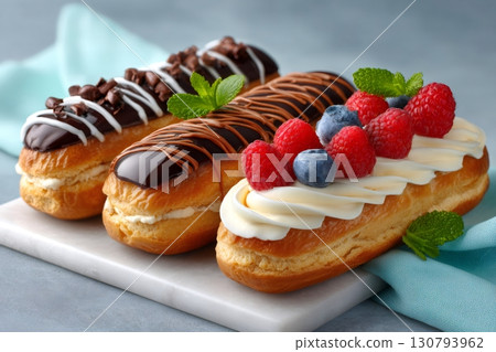 Delicious eclairs topping with chocolate, raspberries and blueberries lying on marble board 130793962