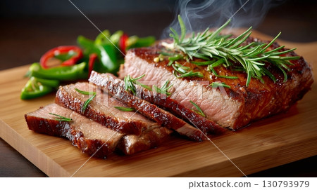 Steaming hot sliced beef steak with rosemary and chili pepper on cutting board 130793979