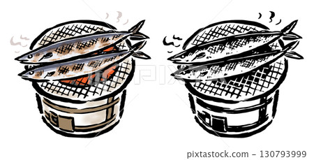 Grilled fish (sanma) on a charcoal grill - set of color and line drawings 130793999