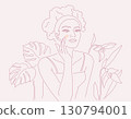Beautiful young woman with hair band skin care on her face, with flowers and leaves plants background, Linear logo minimalist style,  organic cosmetic skin care banner. Vector design illustration. 130794001
