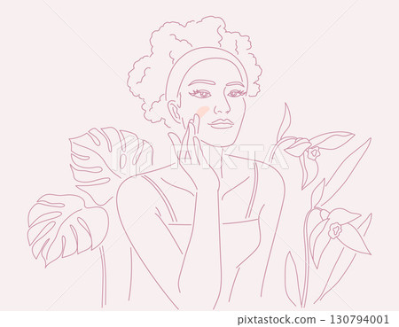 Beautiful young woman with hair band skin care on her face, with flowers and leaves plants background, Linear logo minimalist style,  organic cosmetic skin care banner. Vector design illustration. 130794001