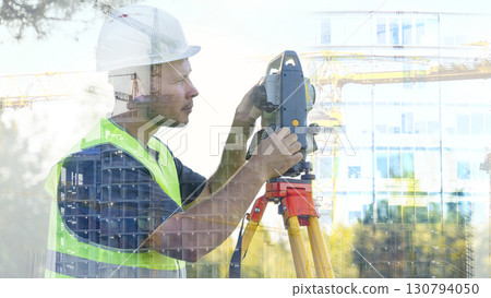 geodetic engineer with geodetic equipment performs measurements with a total station during construction. Infographics. The concept of high technology and high-precision measurements in construction geodetic engineer with geodetic equipment performs measurements with a total station during construction. Infographics. The concept of high technology and high-precision measurements in construction 130794050