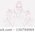 Beautiful young woman in towel doing skin care on her face, with flowers and leaves plants background, Linear logo minimalist style,  organic cosmetic skin care banner. Vector design illustration. 130794069