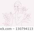 Beautiful young woman in towel doing skin care on her face, with flowers and leaves plants background, Linear logo minimalist style,  organic cosmetic skin care banner. Vector design illustration. 130794113