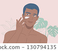 eautiful young man applied the cream to his face, after shaving, workout, Shirtless torso, with leaves plants background,  organic cosmetic skin care banner. Vector design illustration. 130794135