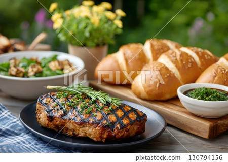 Grilled steak with rosemary and chimichurri sauce is waiting on a table with bread and salad 130794156