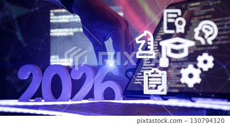 Futuristic concept showing 2026 with coding screen, education and strategy icons, symbolizing digital skills, innovation, and planning ahead. Futuristic concept showing 2026 with coding screen, education and strategy icons, symbolizing digital skills, innovation, and planning ahead. 130794320