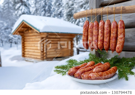Smoked sausages hanging and laying on plate near wooden cottage in winter Smoked sausages hanging and laying on plate near wooden cottage in winter 130794478