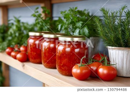 Homemade tomato sauce preserving in glass jars with fresh tomatoes and aromatic herbs 130794486