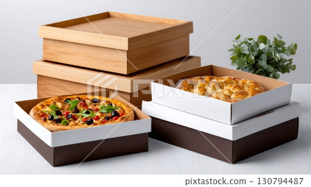 Pizza and focaccia inside delivery boxes with wooden containers 130794487