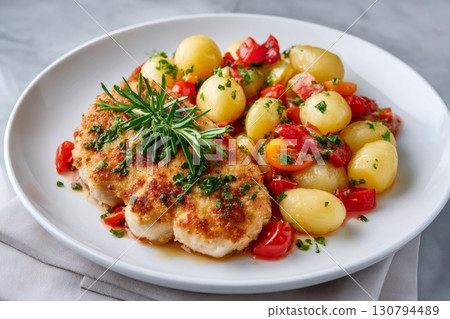 Breaded chicken breast with roasted potatoes and tomatoes seasoned with rosemary and parsley 130794489