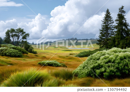 Panoramic landscape showing high altitude vegetation and distant lake under cloudy sky 130794492