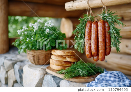 Sausages hanging with rosemary and flatbreads on wooden board in rustic setting 130794493