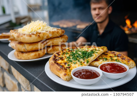 Cook preparing traditional georgian khachapuri with cheese and herbs near the oven 130794507
