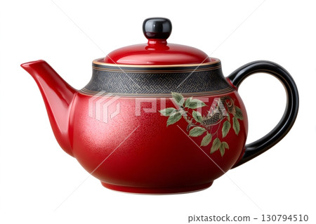Red chinese teapot with dragon and leaves decorations standing on white background 130794510