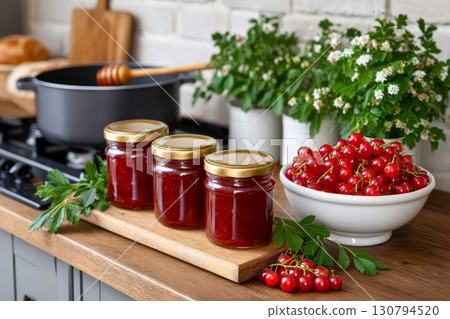 Jars of red currant jam, fresh red currant berries, and a cooking pot in the kitchen Jars of red currant jam, fresh red currant berries, and a cooking pot in the kitchen 130794520