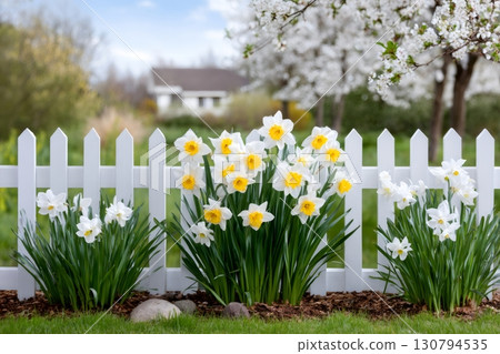 White daffodils blooming behind white picket fence in spring 130794535