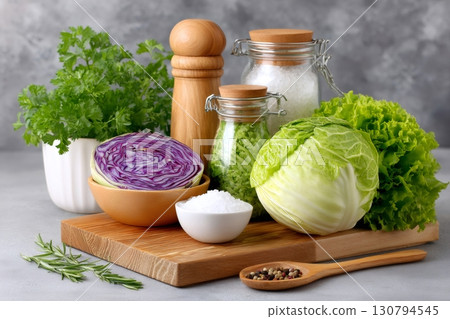 Ingredients for fermenting or pickling cabbage with herbs, salt and pepper 130794545