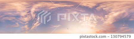 Sunset sky with bright glowing pink Cumulus clouds. Seamless spherical HDR 360 panorama. Full zenith or sky dome in 3D, sky replacement for aerial drone panoramas. Climate and weather change. Sunset sky with bright glowing pink Cumulus clouds. Seamless spherical HDR 360 panorama. Full zenith or sky dome in 3D, sky replacement for aerial drone panoramas. Climate and weather change. 130794579